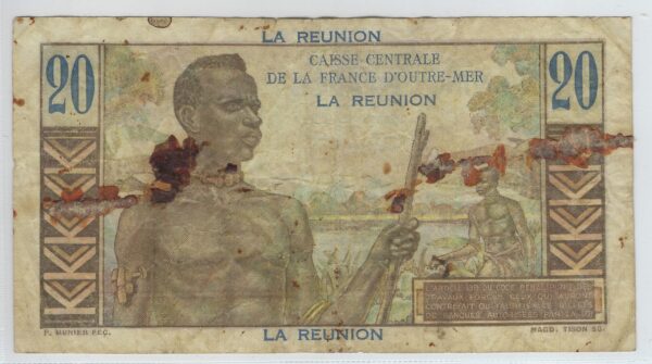 ILE DE LA REUNION 20 FRANCS ND 1947 SERIE H.11 TB Tache