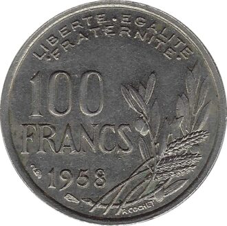FRANCE 100 FRANCS COCHET 1958 TTB+