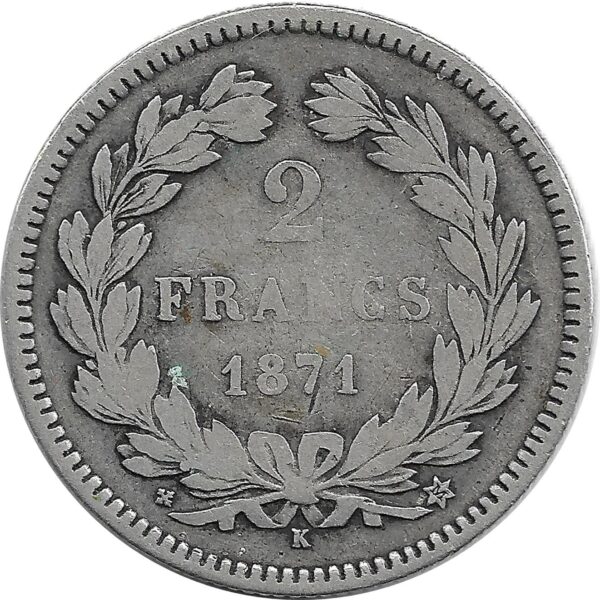 FRANCE 2 FRANCS CERES SANS LEGENDE 1871 K TB+