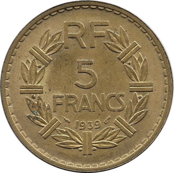 FRANCE 5 FRANCS LAVRILLIER Bronze-Alu 1939 TTB+