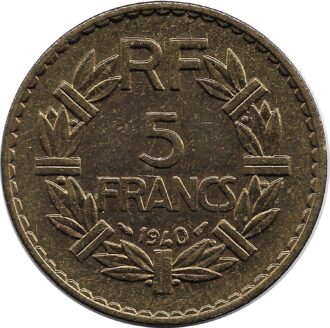 FRANCE 5 FRANCS LAVRILLIER Bronze-Alu 1940 TTB+