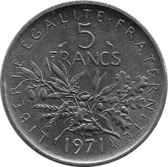 FRANCE 5 FRANCS SEMEUSE NICKEL 1971 SUP