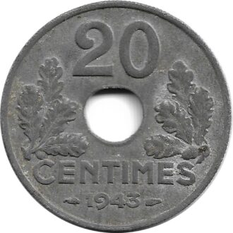 FRANCE 20 CENTIMES TYPE 20 1943 TTB+