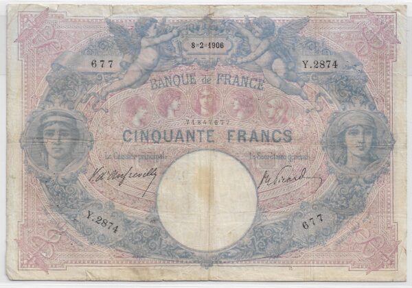 FRANCE 50 FRANCS BLEU ET ROSE SERIE Y.2874 8-2-1906 TB
