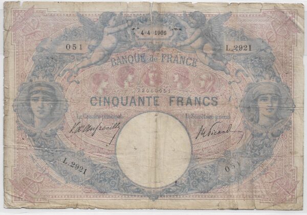 FRANCE 50 FRANCS BLEU ET ROSE SERIE L.2921 4-4-1906 B-