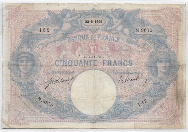 FRANCE 50 FRANCS BLEU ET ROSE SERIE M.3670 22-9-1909 TB