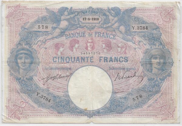 FRANCE 50 FRANCS BLEU ET ROSE SERIE Y.3784 17-8-1910 TB