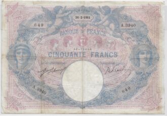 FRANCE 50 FRANCS BLEU ET ROSE SERIE Y.3940 20-2-1911 TB+