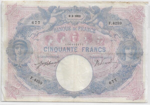 FRANCE 50 FRANCS BLEU ET ROSE SERIE F.4259 9-3-1912 TB+