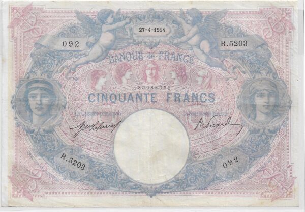 FRANCE 50 FRANCS BLEU ET ROSE SERIE R.5203 27-4-1914 TB+