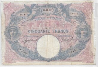 FRANCE 50 FRANCS BLEU ET ROSE SERIE H.7812 22-12-1917 TB+