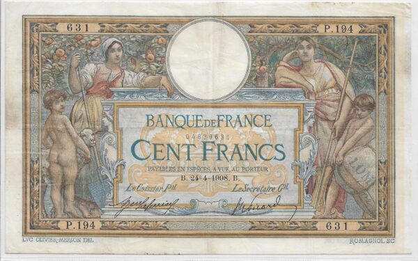 FRANCE 100 FRANCS L.O.M avec L.O.M SERIE P.194 24-4-1908 TTB-