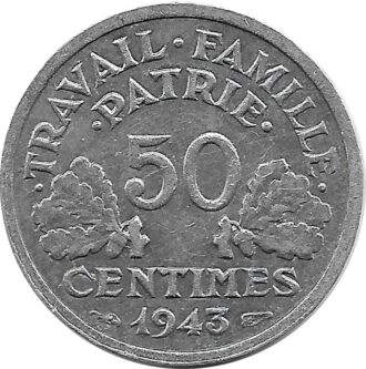 FRANCE 50 CENTIMES BAZOR 1943 B TTB