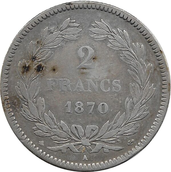 FRANCE 2 FRANCS CERES SANS LEGENDE 1870 A (Paris) TTB coup sur tranche