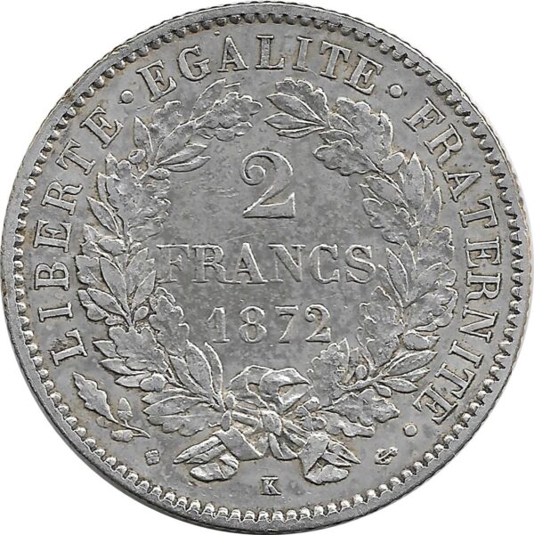FRANCE 2 FRANCS CERES 1872 K (BORDEAUX) TTB+