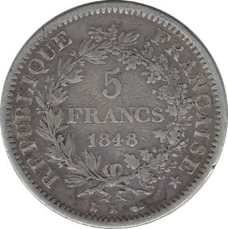 FRANCE 5 FRANCS HERCULES 1848 K TB+