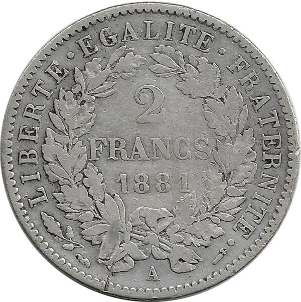 FRANCE 2 FRANCS CERES 1881 A (Paris) TB+ rayure
