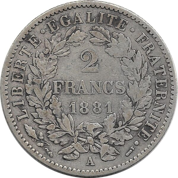 FRANCE 2 FRANCS CERES 1881 A (Paris) TTB-