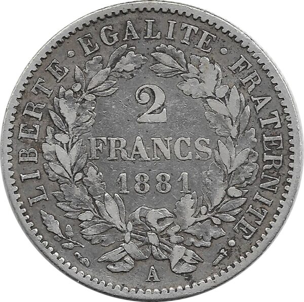 FRANCE 2 FRANCS CERES 1881 A (Paris) TTB