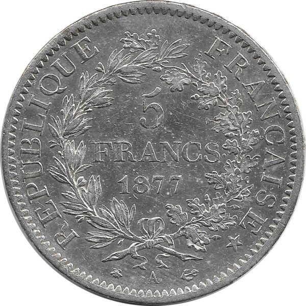 FRANCE 5 FRANCS HERCULES DUPRE 1877 A (Paris) TTB+