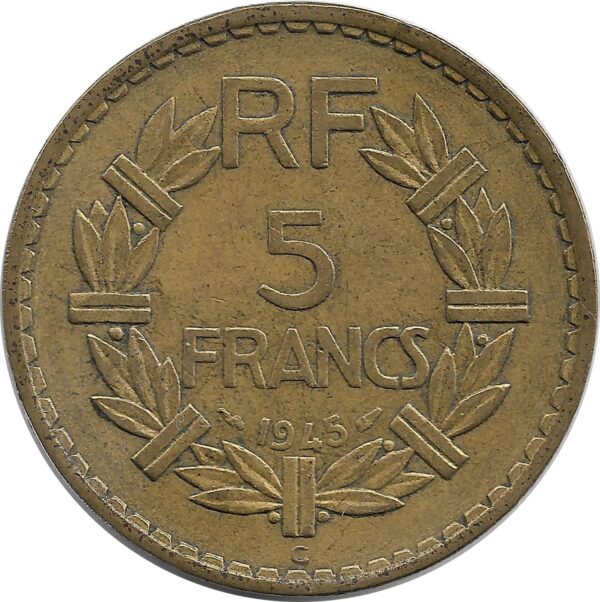 FRANCE 5 FRANCS LAVRILLIER CUPRO ALU 1945 C TTB