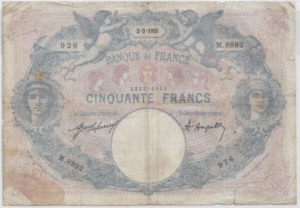 FRANCE 50 FRANCS BLEU ET ROSE SERIE M.8892 2-3-1921 TB