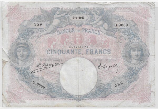 FRANCE 50 FRANCS BLEU ET ROSE SERIE Q.9669 9-5-1923 TB+
