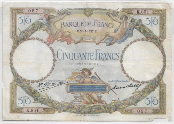 FRANCE 50 FRANCS L.O. MERSON SERIE K.851 30-7-1927 B+