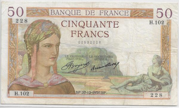 FRANCE 50 FRANCS CERES SERIE H.102 27-12-1934 TTB