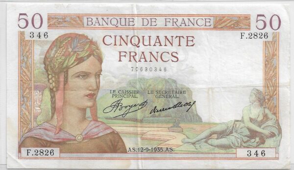 FRANCE 50 FRANCS CERES SERIE F.2826 12-9-1935 TTB+