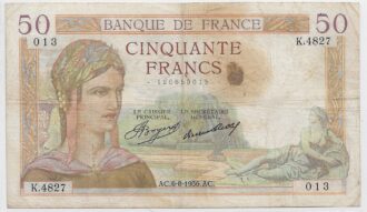FRANCE 50 FRANCS CERES SERIE K.4827 6-8-1936 TB