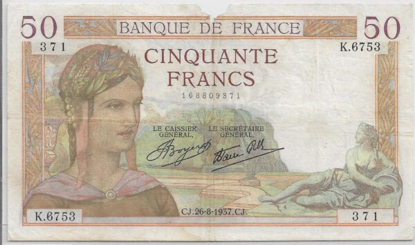 FRANCE 50 FRANCS CERES SERIE K.6753 26-8-1937 TB