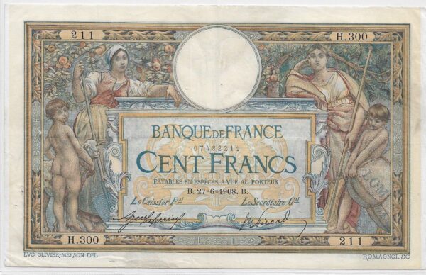 FRANCE 100 FRANCS MERSON AVEC LOM SERIE H.300 27-6-1908 TTB
