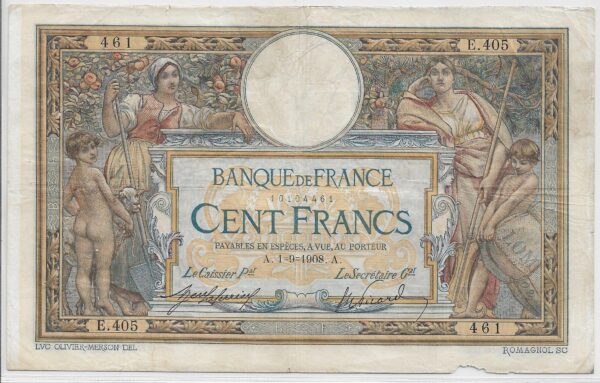 FRANCE 100 FRANCS MERSON AVEC LOM SERIE E.405 1-9-1908 TB+