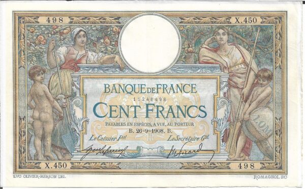 FRANCE 100 FRANCS MERSON AVEC LOM SERIE X.450 26-9-1908 TTB+