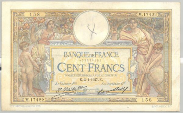 FRANCE 100 FRANCS MERSON SANS LOM SERIE M.17422 2-4-1927 TTB