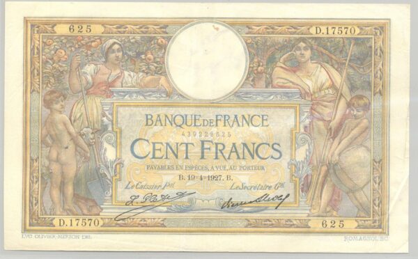 FRANCE 100 FRANCS MERSON SANS LOM SERIE D.17570 19-4-1927 TTB+