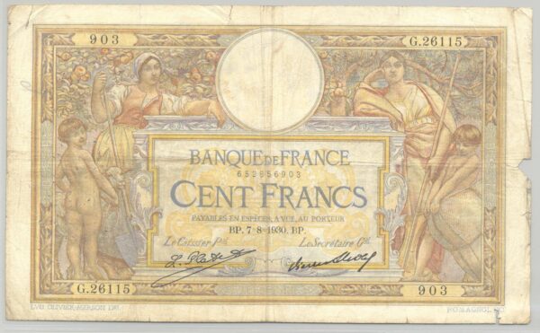 FRANCE 100 FRANCS MERSON SANS LOM SERIE G.26115 7-8-1930 TB