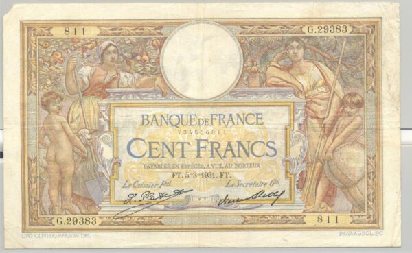 FRANCE 100 FRANCS MERSON SANS LOM SERIE G.29383 5-3-1931 TTB