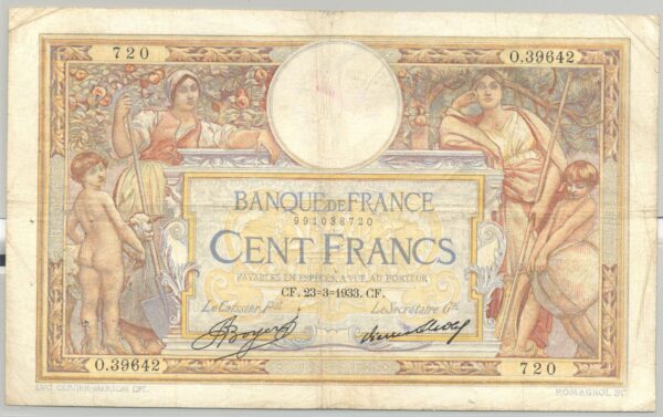 FRANCE 100 FRANCS MERSON SANS LOM SERIE O.39642 23-3-1933 TB+