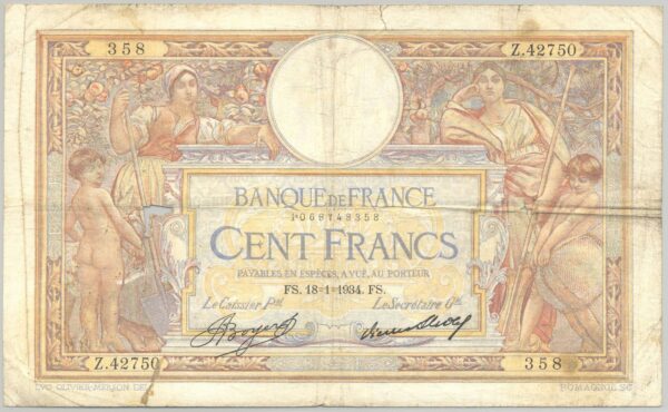 FRANCE 100 FRANCS MERSON SANS LOM SERIE Z.42718 18-1-1934 TTB+
