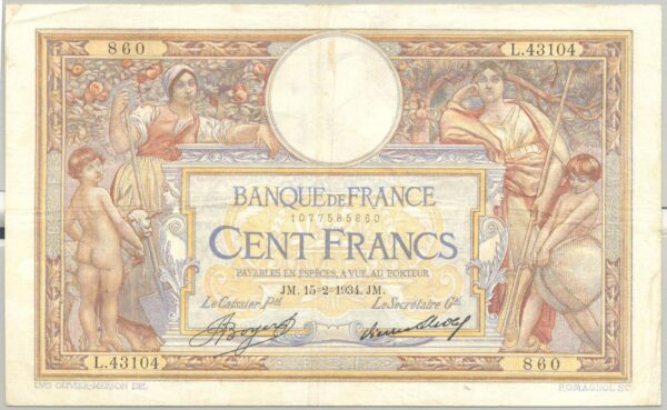 FRANCE 100 FRANCS MERSON SANS LOM SERIE L.43104 15-2-1934 TTB