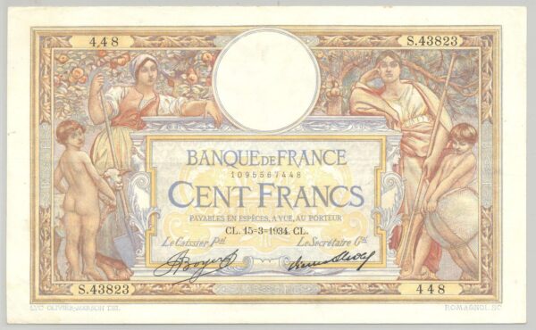 FRANCE 100 FRANCS MERSON SANS LOM SERIE S.43823 15-3-1934 TTB+