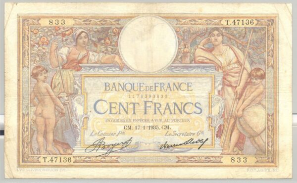 FRANCE 100 FRANCS MERSON SANS LOM SERIE T.47136 17-01-1935 TB+