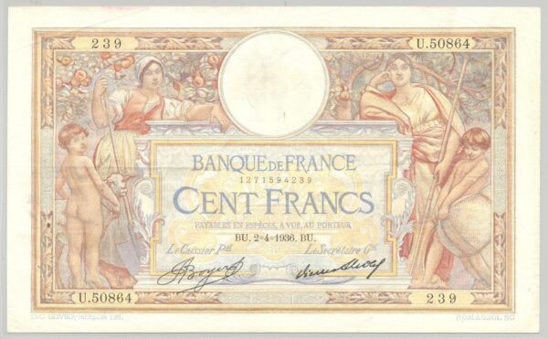 FRANCE 100 FRANCS MERSON SANS LOM SERIE U.50854 2-4-1936 TTB+