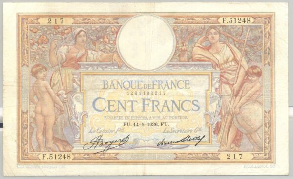 FRANCE 100 FRANCS MERSON SANS LOM SERIE F.51248 14-5-1936 TTB
