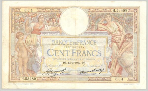 FRANCE 100 FRANCS MERSON SANS LOM SERIE H.53489 25-3-1937 TTB