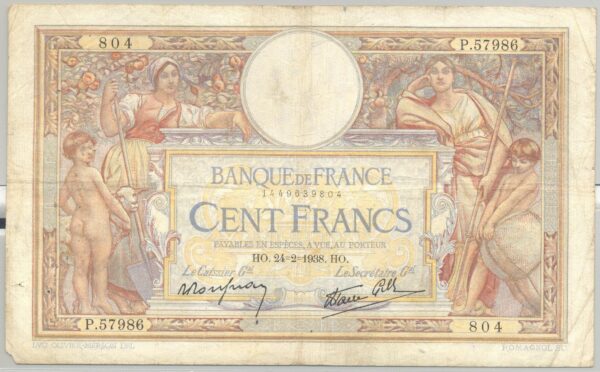 FRANCE 100 FRANCS MERSON SANS LOM SERIE P.57986 24-2-1938 TB+
