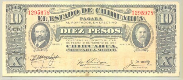 MEXIQUE (EL ESTADO DE CHIHUAHUA) 10 PESOS 10-02-1914 SERIE D TTB+