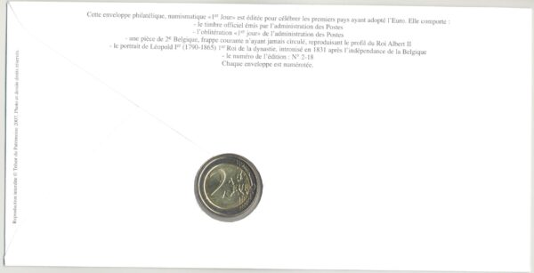 PREMIER JOUR ENVELOPPE PHILATELIQUE NUMISMATIQUE INTEGRATION A L'EURO 2 EURO BELGIQUE 2007